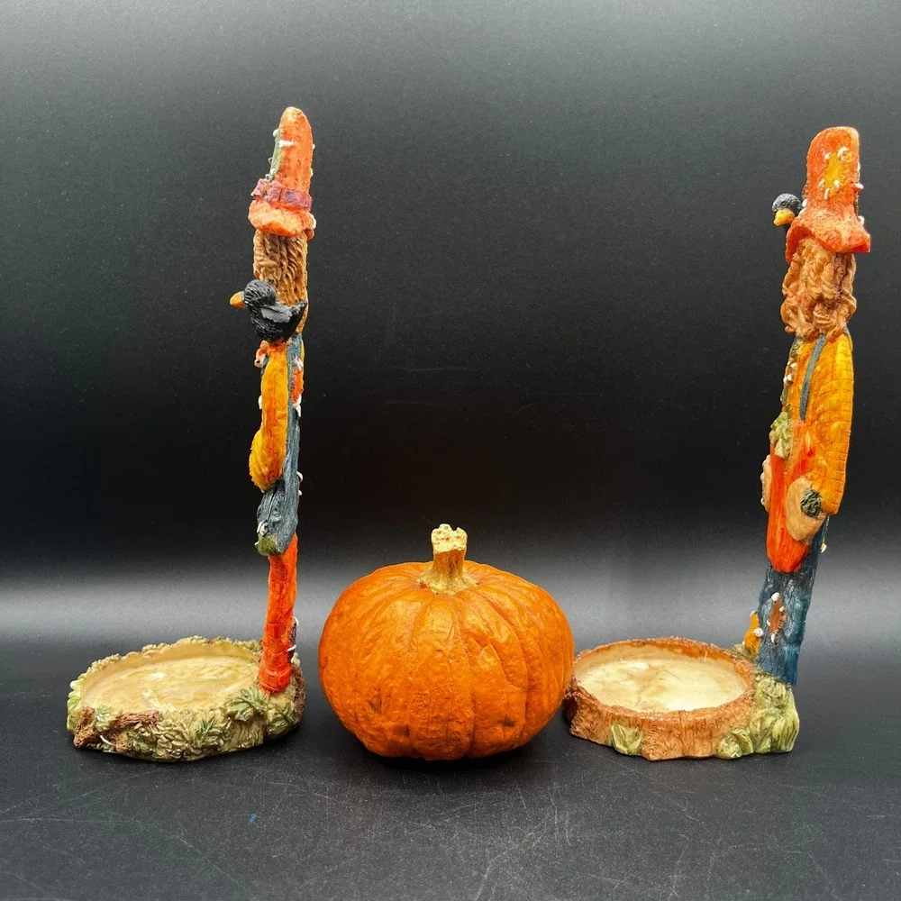 Resin Scarecrow Tea Light Candle Holder Set w/ Pumpkin Fall Harvest Decor 3pc